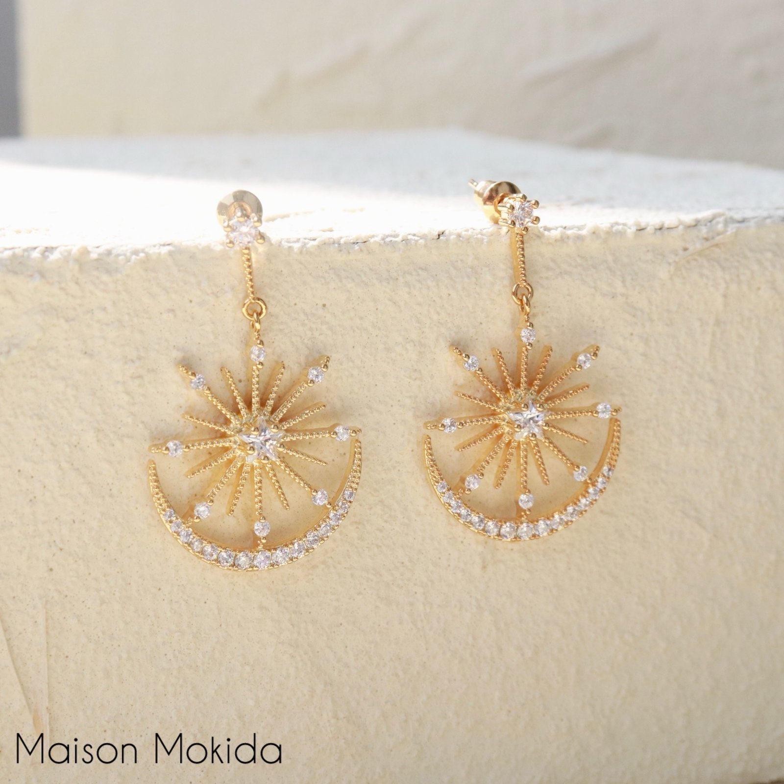 Boucles d’oreilles solaire en zircon et cuivre / tige d’oreille en argent 925 E. ( hypoallegénique ) -Qualité durable !