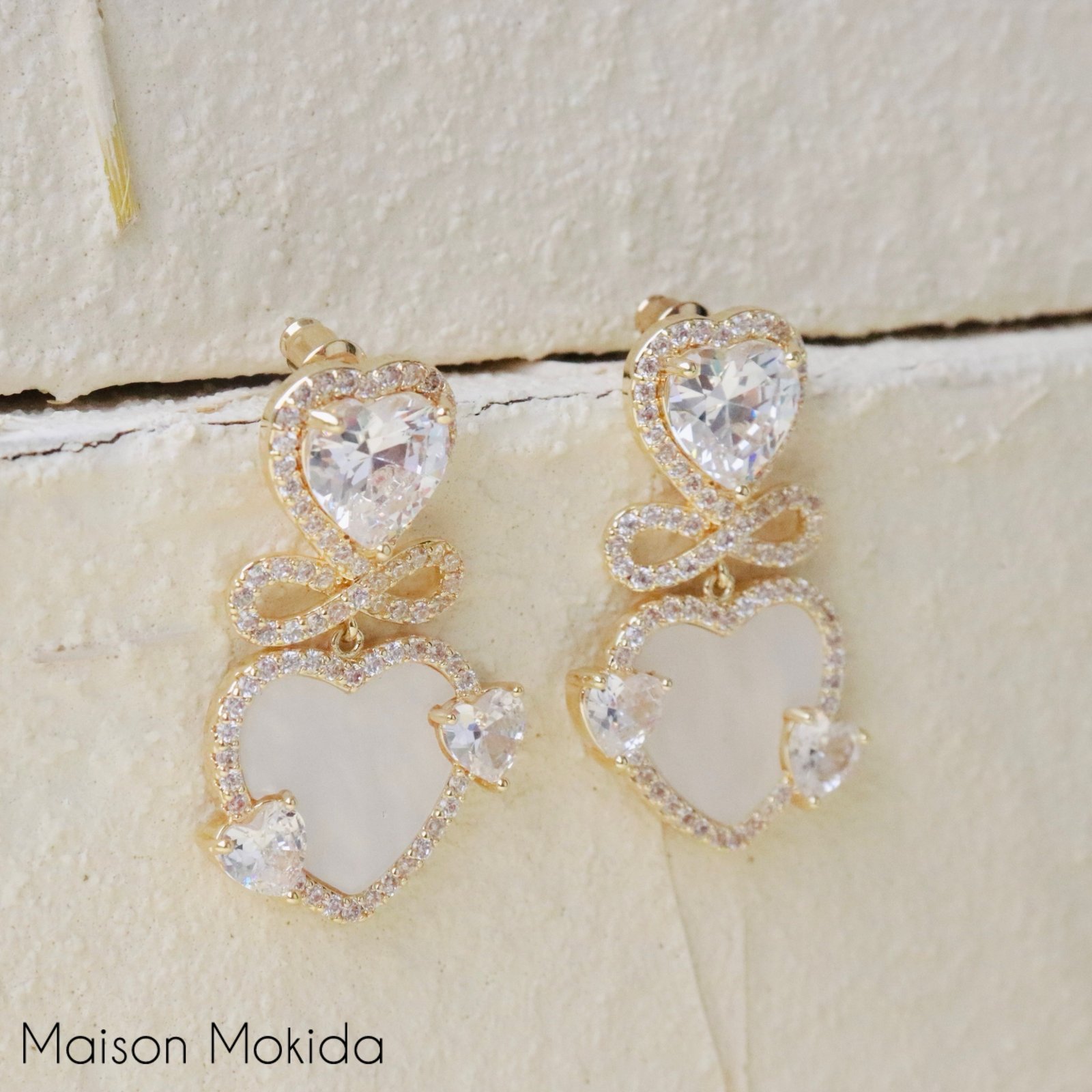 Boucles d’oreilles cœur en zircon et cuivre / tige d’oreille en argent 925 E. ( hypoallegénique ) - Ne noircit pas .